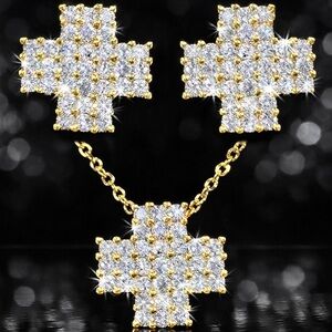 New Micro Pave Set Cross Cz Pendant Necklace Stud drop chain link Earrings Gold